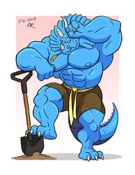  anthro biceps bottomwear ceratopsian claws clothing dinosaur dinosaur_tail extinct extreme_dinosaurs gepredators male muscular muscular_anthro muscular_male nipples ornithischian pants pecs pose prehistoric_species reptile scalie shovel solo spike_(extreme_dinosaurs) tools triceratops working 