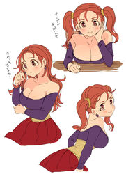  bare_shoulders blush breasts brown_eyes brown_hair cleavage closed_mouth dragon_quest dragon_quest_viii dress earrings female highres jessica_albert jewelry large_breasts long_hair looking_at_viewer miyama_(kannsannn) multiple_views purple_shirt shirt simple_background smile strapless twintails white_background 