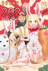  2023 2girls abigail_williams_(fate) animal_ears bare_shoulders barefoot black_bow blonde_hair blue_eyes blush bow breasts collared_leotard covered_navel crossed_bandaids fake_animal_ears fate/grand_order fate_(series) forehead gloves hairbow happy_new_year highleg highleg_leotard highres leotard long_hair looking_at_viewer multiple_girls open_mouth orange_bow paint_splatter parted_bangs paul_bunyan_(fate) paul_bunyan_(festival_outfit)_(fate) puffy_shorts rabbit_ears shiro_ami short_hair short_shorts shorts sitting small_breasts smile thighs wariza white_gloves white_leotard white_shorts yellow_eyes 