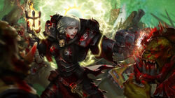  absurdres adepta_sororitas armor battle blood blood_on_face blood_splatter blue_eyes bolt_pistol boobplate breasts colored_skin commentary dual_wielding english_commentary female firing fleur-de-lis green_skin gun guro halo headshot highres holding holding_gun holding_torch holding_weapon imperium_of_man medium_breasts multiple_boys muzzle_flash nose open_mouth orc ork_(warhammer) power_armor realistic red_eyes shouting solo_focus torch tusks war warhammer_40k weapon white_hair yangzheyy 