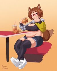  animal_ear_fluff animal_ears artist_name black_thighhighs breasts brown_hair brown_tail chimeracauldron cleavage closed_eyes closed_mouth commission cropped_hoodie cup disposable_cup dog_girl drink drinking_straw eating edie_crop_hoodie english_commentary female food french_fries full_body glasses gradient_background green_nails head_tilt highres holding holding_food hood hoodie indie_virtual_youtuber large_breasts long_sleeves medium_hair meme_attire midriff mint_castella napkin navel plump red-framed_eyewear sandwich semi-rimless_eyewear shoes short_shorts shorts simple_background sitting sneakers solo table tail tail_wagging thick_thighs thighhighs thighs under-rim_eyewear virtual_youtuber white_footwear yellow_background 