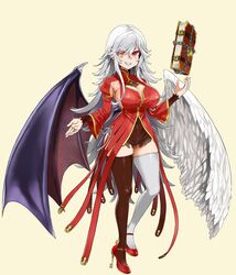  angel_wings armpit_cutout asanagi asymmetrical_legwear asymmetrical_wings beige_background black_wings book breasts brown_legwear cleavage cleavage_cutout clothing_cutout covered_navel covered_nipples dante_alighieri_(eiyuu_senki) demon_wings dress earrings eiyuu_senki eiyuu_senki_ww feathered_wings female floating floating_book floating_object full_body grey_hair grin hand_up high_heels highres jewelry key key_earrings keyhole large_breasts mismatched_legwear mismatched_wings multicolored_eyes oerba_yun_fang official_art orange_eyes pointy_ears red_dress red_footwear sidelocks simple_background smile solo swept_bangs thighhighs white_thighhighs white_wings wide_sleeves wings yellow_eyes 