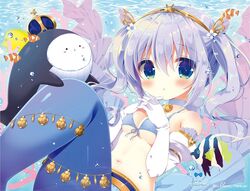  :o animal aono_ribbon bare_shoulders bikini blue_bikini blue_eyes blue_hair blush breasts clownfish commentary_request coral crown female fish flower front-tie_bikini_top front-tie_top gloves gochuumon_wa_usagi_desu_ka? hair_between_eyes hair_flower hair_ornament hands_up interlocked_fingers kafuu_chino long_hair looking_at_viewer medium_breasts mermaid mini_crown monster_girl monsterification parted_lips signature swimsuit tippy_(gochiusa) twintails underwater water white_flower white_gloves 