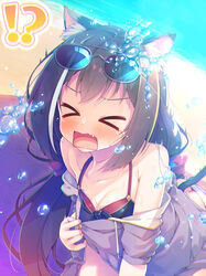  !? &gt;_&lt; animal_ear_fluff animal_ears bare_shoulders beach beach_towel bikini bikini_under_clothes black_bikini blush bow breasts butt_crack cat_ears cat_girl cat_tail cleavage closed_eyes collarbone crying day eyewear_on_head female glint gradient_hair grey-framed_eyewear hairbow jacket karyl_(princess_connect!) karyl_(summer)_(princess_connect!) long_hair long_sleeves low_twintails masaki_kei multicolored_hair oerba_yun_fang off_shoulder open_clothes open_jacket open_mouth outdoors princess_connect! purple_bow purple_hair purple_jacket small_breasts solo streaked_hair sunglasses surprised sweat swimsuit tail tears towel twintails v-shaped_eyebrows very_long_hair water wavy_mouth white_hair wince 