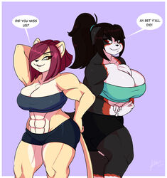  abs anthro big_breasts black_hair breasts canid canine canis cleavage clothed clothing domestic_dog duo felid female flexing hair jwinkz kaylee_(jwinkz) lion looking_at_viewer mammal maribelle_(jwinkz) muscular muscular_female pantherine purple_hair 