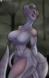  absurd_res anthro bodypaint breasts digital_media_(artwork) featureless_breasts female generation_7_pokemon hi_res mostly_nude nintendo non-mammal_breasts pokemon pokemon_(species) salazzle shaded shiny_pokemon skylosminkan snowcone_(ladyblackcobra) solo text url 