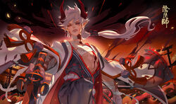  1boy aerysky androgynous black_lips bleeding blood blood_on_face dual_wielding highres holding holding_sword holding_weapon horns long_hair looking_at_viewer male_focus onikiri_(onmyoji) onmyoji outdoors pectorals photoshop_(medium) pointy_ears ponytail red_eyes red_horns red_sky sky standing sword tassel torii weapon white_hair wide_sleeves 