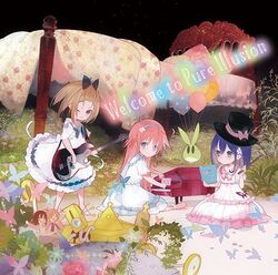  ahoge album_cover balloon bangs_pinned_back baton_(instrument) bed blanket blonde_hair blue_hair bow brown_eyes bug butterfly cover dress electric_guitar english flip_flappers floral_print flower frilled_dress frills grass guitar hair_flower hair_ornament hairband hairbow hat hat_bow insects instrument kokomine_cocona long_hair mini_piano multiple_girls official_art orange_hair papika_(flip_flappers) piano sheet_music short_hair sitting tanu top_hat tt-392 uexkull white_dress yayaka younger 