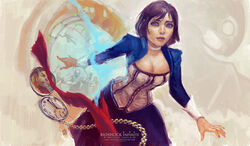  bioshock_(series) bioshock_infinite blue_eyes booker_dewitt breasts brown_hair choker cleavage commentary_request corset cropped_jacket elizabeth_(bioshock_infinite) female highres large_breasts lips long_skirt md5_mismatch mob necktie photoshop_(medium) pocket_watch resolution_mismatch running short_hair skirt solidgrafi solo source_smaller unworn_necktie watch wrist_cuffs 