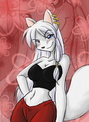  2008 anthro black_nose blue_eyes blush breasts canid canine canis cherushi cleavage clothed clothing ear_piercing female fur hair kumori_(cheru) mammal midriff navel piercing solo white_body white_fur white_hair wolf 