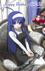  acorn ahoge armchair belt black_dress blue_eyes blue_hair blush breasts casual chair dress female hairband happy_birthday highres huge_ahoge knees_together_feet_apart lace long_hair looking_at_viewer medium_breasts official_art orie_ballardiae_harada pantyhose signature sitting solo striped sweater under_night_in-birth v_arms vertical_stripes white_pantyhose yoshihara_seiichi 