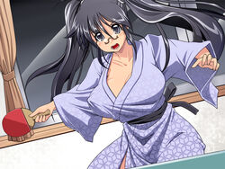  black_eyes blue_hair breasts cleavage curvy female female glasses hinata_aki hips huge_breasts japanese_clothes keroro_gunsou kimono large_breasts long_hair milf nightmare_express open_mouth ping_pong racket solo sport standing table_tennis twintails wide_hips window 