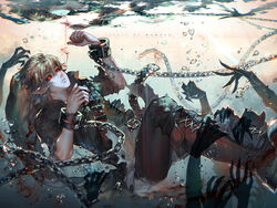  ben_drowned blood boots bubbles chains creepypasta hat kawacy link_(zelda) pointed_ears red_eyes shackles the_legend_of_zelda underwater water 