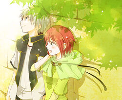  1boy against_wall akagami_no_shirayukihime blue_eyes capelet female green_eyes hood hooded_cape leaning lowres prince red_hair shirayuki_(akagami_no_shirayukihime) shirayuki_(ans) short_hair short_sleeves smile tree wall zen_wistalia 