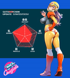  :q absurdres arm_guards armor ass blue_background blue_eyes blush bodysuit boots breasts brown_hair character_name chromatic_aberration closed_mouth commentary_request english_commentary english_text female full_body genderswap_(mtf) graph guts_man hair_between_eyes hand_on_own_hip helmet highres holding knee_boots large_breasts lips long_hair looking_at_viewer looking_back marker mega_man_(classic) mega_man_(series) mega_man_1 mixed-language_commentary nail_polish one3four! orange_footwear photoshop_(medium) pink_nails radar_chart rule_63 shiny_clothes shoulder_armor skin_tight smile solo standing stats striped striped_background tongue tongue_out yellow_bodysuit 