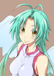  aqua_hair blush brown_background commentary_request duel_monster effect_veiler female long_hair looking_at_viewer ozaneko smile solo twintails wings yellow_eyes yu-gi-oh! 