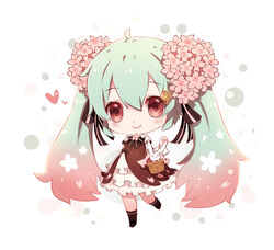  :&gt; ahoge bad_id bad_pixiv_id basket blush brown_dress cherry_blossoms chibi chuko_miku closed_mouth dress female flower frills full_body gradient_hair green_hair hair_flower hair_ornament hatsune_miku heart kneehighs long_hair looking_at_viewer multicolored_hair musical_note musical_note_hair_ornament phino pink_hair rabbit red_eyes sakura_miku smile socks solo standing standing_on_one_leg treble_clef twintails very_long_hair vocaloid 