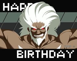  1boy 6sec beard dark-skinned_male dark_skin dated facial_hair grin happy_birthday male_focus muscular no_pupils official_art pixel_art red_eyes smile solo thick_eyebrows topless_male under_night_in-birth waldstein_(under_night_in-birth) white_hair 