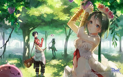  1boy 2girls :o blue_eyes bracer breasts cleavage eighth_note fabre food forest fruit fur_collar green_hair head_wreath highres logo long_hair looking_at_viewer mechanic_(ragnarok_online) medium_breasts mmlu_(honwa_karesu) multiple_girls musical_note nature navel outdoors poring ragnarok_online shadow_chaser_(ragnarok_online) short_hair speech_bubble spoken_musical_note tree wanderer_(ragnarok_online) watermark willow_(ragnarok_online) wings 