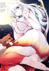  absurdres artemis_(fate) barefoot bear blue_eyes breasts chinese_text eating fate/grand_order fate_(series) feet female hard-translated hard-translated_(non-english) highres large_breasts long_hair looking_at_viewer moon moonlight night night_sky non-web_source orion_(bear)_(fate) pale_skin ruton-niki scan sky smile soles star_(sky) starry_sky third-party_edit toes white_hair 