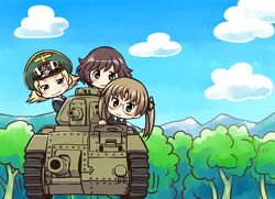  3girls akiyama_yukari blonde_hair blush brown_eyes brown_hair caterpillar_tracks char_b1 chibi cloud commentary_request day enter_enter_mission! erwin_(girls_und_panzer) girls_und_panzer glasses hat highres looking_at_viewer messy_hair military military_uniform military_vehicle motor_vehicle mountain multiple_girls ooarai_military_uniform oono_aya outdoors peaked_cap short_hair sky smile tank tree twintails uniform yuuki_akira 