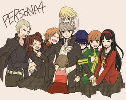  4boys 5girls ake_(harlequin) amagi_yukiko arm_hug bad_id bad_pixiv_id black_hair blonde_hair blue_eyes blue_hair blush brown_eyes brown_hair closed_eyes doujima_nanako grey_hair hanamura_yousuke hat headband headphones hug kujikawa_rise kuma_(persona_4) long_hair multiple_boys multiple_girls narukami_yuu persona persona_4 red_hair satonaka_chie shirogane_naoto short_hair smile tatsumi_kanji twintails 