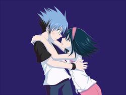  1boy aged_down black_hair blue_hair commentary_request eye_contact female hayasaka_riku hug kurobe_tamiko long_hair looking_at_another miko_embrace parody shaman_king short_hair straight usui_horokeu 