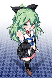  black_ribbon black_serafuku black_skirt black_thighhighs blue_neckerchief blue_ribbon blush commentary_request detached_sleeves female from_above full_body futaba_suetsuki green_eyes green_hair hair_between_eyes hair_flaps hair_ornament hair_ribbon hairclip highres kantai_collection long_hair mary_janes neckerchief open_mouth parted_bangs pleated_skirt ponytail ribbon school_uniform serafuku shadow shoes sidelocks skirt solo thighhighs yamakaze_(kancolle) zettai_ryouiki 