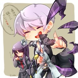  1boy bad_id bad_pixiv_id byakuya_(under_night_in-birth) chibi female floating floating_object floating_sword floating_weapon flower gakuran grey_hair hair_flower hair_ornament hair_over_one_eye laughing long_hair pointing rin10 school_uniform short_hair sword translation_request tsukuyomi_(under_night_in-birth) under_night_in-birth weapon 