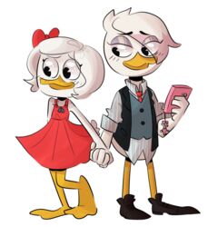  alpha_channel anatid anseriform avian bird clothing disney doritofalls dress duck ducktales ducktales_(2017) duo electronics female female/female footwear hand_holding lena_(ducktales) necktie phone shirt shoes topwear webby_vanderquack 