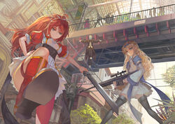  2girls blonde_hair building gun original paku red_hair sword thighhighs weapon 