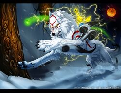  4_toes amaterasu_(okami) black_bars black_lips black_nose canid canine canis capcom claws clover_studio deity detailed_background dewclaw digital_drawing_(artwork) digital_media_(artwork) digitigrade duo feet feral fur grypwolf issun_(okami) lips mammal okami_(capcom) open_mouth pawpads paws snow teeth toe_claws toes tongue weapon white_body white_fur wolf yellow_eyes 