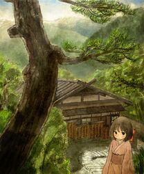  architecture bob_cut brown_eyes brown_hair commentary_request east_asian_architecture female grass japanese_clothes kimono mountain nature original outdoors scenery short_hair sky solo stairs tebanawo tree 