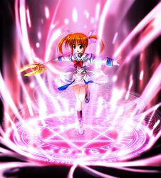  brown_hair clothes_lift dress dress_lift female full_body hair_ribbon hexagram highres leg_up long_sleeves lyrical_nanoha magic_circle magical_girl mahou_shoujo_lyrical_nanoha open_mouth otoki_raku outstretched_arms purple_eyes raising_heart raising_heart_(shooting_mode) ribbon shoes skirt solo spread_arms star_of_david takamachi_nanoha thigh_gap twintails 