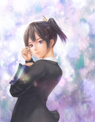  adjusting_eyewear asagiri_shiori black_hair book commentary_request female glasses hair_ornament highres lens_flare lips photoshop_(medium) purple_eyes realistic side_ponytail solo sweater tamako_market zhenlin 