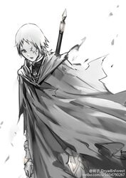  armor claymore_(series) cloak commentary_request dutch_angle female greyscale kumako_(pixiv4171671) monochrome one-eyed over_shoulder rafaela short_hair solo sword sword_behind_back watermark weapon web_address weibo_watermark white_background 