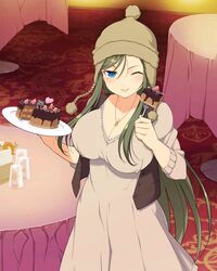  blue_eyes breasts cake female food fuga_(senran_kagura) hat large_breasts long_hair looking_at_viewer necklace senran_kagura smile solo standing 