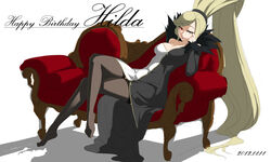  blonde_hair breasts cleavage couch crossed_legs dated dress female fur_collar happy_birthday head_rest heterochromia hilda_(under_night_in-birth) large_breasts long_hair looking_at_viewer no_shoes off-shoulder_dress off_shoulder official_art red_eyes signature sitting solo thighhighs under_night_in-birth very_long_hair yoshihara_seiichi zipper 