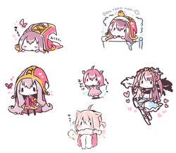  2girls ahoge alternate_costume alternate_hairstyle annie_(league_of_legends) bath chibi commentary_request fairy hair_ornament hat heart konatsu_miyu league_of_legends lulu_(league_of_legends) multiple_girls pink_hair pix_(league_of_legends) pointy_ears purple_hair rubber_duck scarf sleeping star_(symbol) twintails wings 