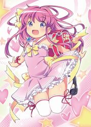  :d backpack bag blush candy_wrapper commentary_request female heart hiro_hiroki long_hair looking_at_viewer open_mouth original pink_hair purple_eyes randoseru ribbon smile solo star_(symbol) thighhighs white_thighhighs 