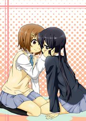  2girls black_hair blazer blush brown_eyes brown_hair commentary_request hair_ornament hairclip hand_on_another&#039;s_cheek hand_on_another&#039;s_face hirasawa_yui jacket k-on! long_hair multiple_girls nakano_azusa photoshop_(medium) sakuragaoka_high_school_uniform school_uniform seiza short_hair sitting skirt smile sweater_vest yoruda yuri 