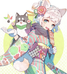  animal animal_ears braid canine checkered_sash commentary female flower fox_ears fox_tail french_braid furisode gloves green_eyes hagoita hair_flower hair_ornament happy highres japanese_clothes kimono kuroyuki looking_to_the_side new_year obi open_mouth original paddle sash scarf smile solo symbol-only_commentary tail white_hair 