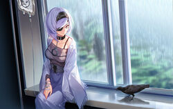  absurdres belt_collar bird black_survival blue_eyes blue_hair blue_skirt bra_strap closed_mouth collar commentary crow eyepatch female headband high-waist_skirt highres indoors intravenous_drip kexue long_sleeves looking_at_viewer one_eye_covered photoshop_(medium) purple_sweater rain ribbed_sweater sash short_hair sissela_kyle sitting skirt solo sweater window 