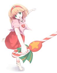  bad_perspective blonde_hair candy candy_cane commentary_request dai_mahou_touge dancing dress female food full_body gerukazai green_eyes hairband heart jewelry necklace short_hair smile socks solo tanaka_punie white_socks 