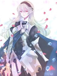  armor cape droplets female female_my_unit_(fire_emblem_if) fire_emblem fire_emblem_if highres holding holding_weapon long_hair my_unit_(fire_emblem_if) petals pointy_ears red_eyes water weapon 