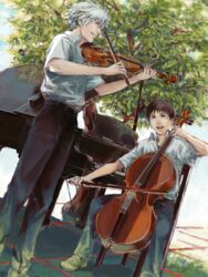  2boys a10 brown_hair cello commentary_request dutch_angle evangelion:_3.0_you_can_(not)_redo evangelion:_death_and_rebirth grand_piano ikari_shinji instrument male_focus multiple_boys music nagisa_kaworu neon_genesis_evangelion piano playing_instrument realistic rebuild_of_evangelion smile tegaki tree violin white_hair 