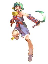  bell cow_bell cow_girl cowbell cowgirl danette female full_body green_hair hooves horns looking_at_viewer monster_girl official_art open_mouth pointy_ears purple_eyes short_hair sickle simple_background solo soul_cradle soul_nomad weapon white_background 