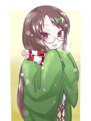  :3 brown_eyes brown_hair commentary_request female futatsuiwa_mamizou futatsuiwa_mamizou_(human) glasses hair_ornament hands_in_opposite_sleeves highres japanese_clothes leaf_hair_ornament oerba_yun_fang open_mouth scarf smile touhou uho_(uhoyoshi-o) 