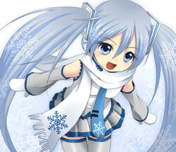  :d blue_eyes blue_hair commentary_request detached_sleeves female from_above hatsune_miku long_hair lowres mittens necktie open_mouth scarf skirt smile solo thighhighs tsujiori twintails very_long_hair vocaloid white_scarf yuki_miku yuki_miku_(2011) 