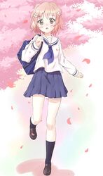  bag blush brown_eyes brown_hair cherry_blossoms commentary_request female flower hair_flower hair_ornament hanasaku_iroha leg_up matsumae_ohana midriff_peek open_mouth running school_bag school_uniform short_hair skirt solo yoruda 